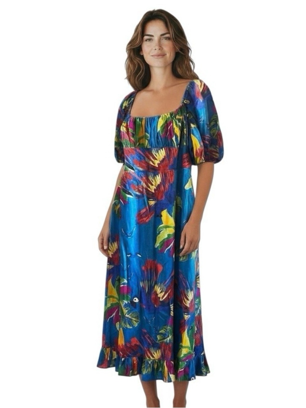 House of Harlow 1960 Large Blue Tropical Linen Blend Midi Dress Puff Sleeve